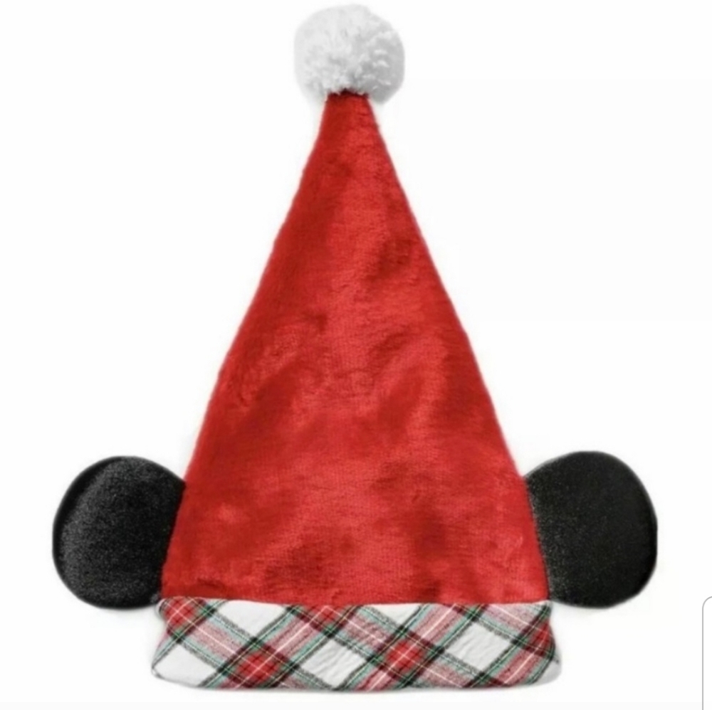 NWT Disney Park Mickey Ears Plaid Santa Hat One Size